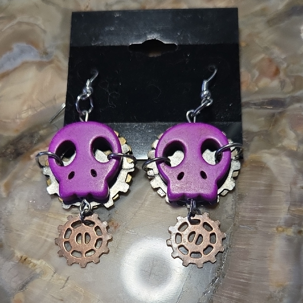 Purple Skull Gear Earrings
